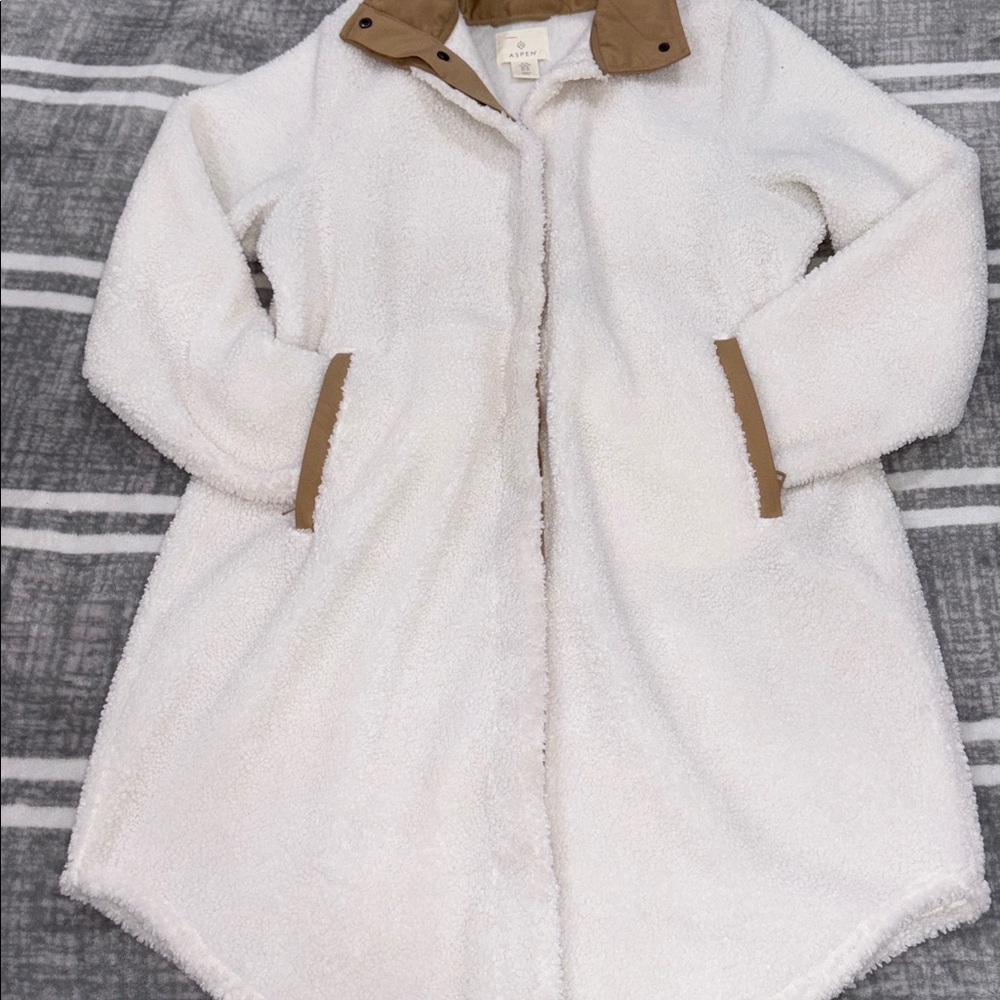 Aspen Long Cozy Cream Sweater with Tan Accents